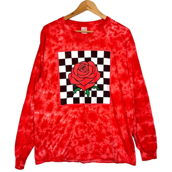 Vintage Checkered Print Rose Tie Dye Long Sleeve Crewneck Cotton Shirt Red L - Picture 9 of 9